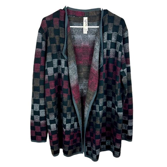 Soft by FDJ French Dressing checker board open cardigan sweater medium - Picture 1 of 6